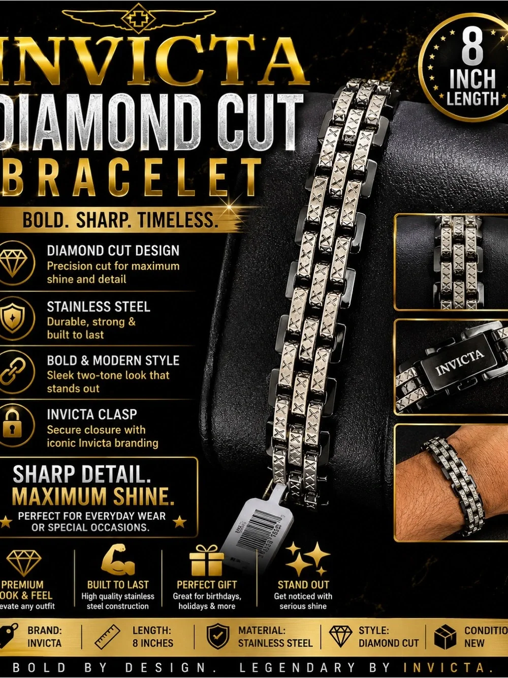 Invicta branded bracelet Diamond-cut finish for added sparkle Stainless stee